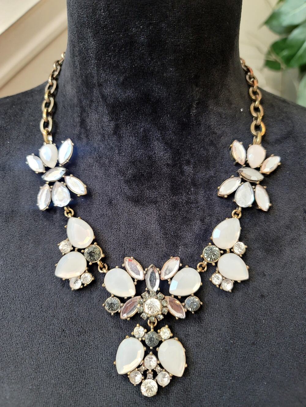 White Opal Crystal Floral Statement Necklace Gold Tone Rhinestone Bib Wedding